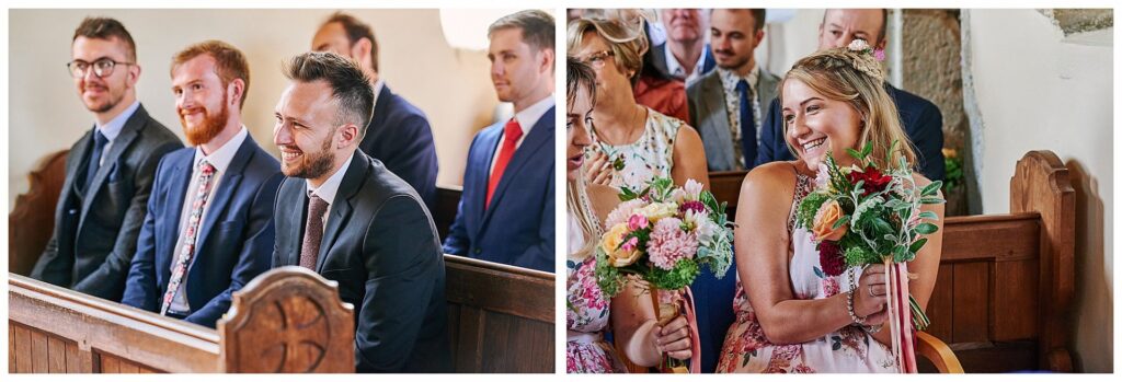 Bridesmaids and ushers smiling during wedding ceremony in Essex