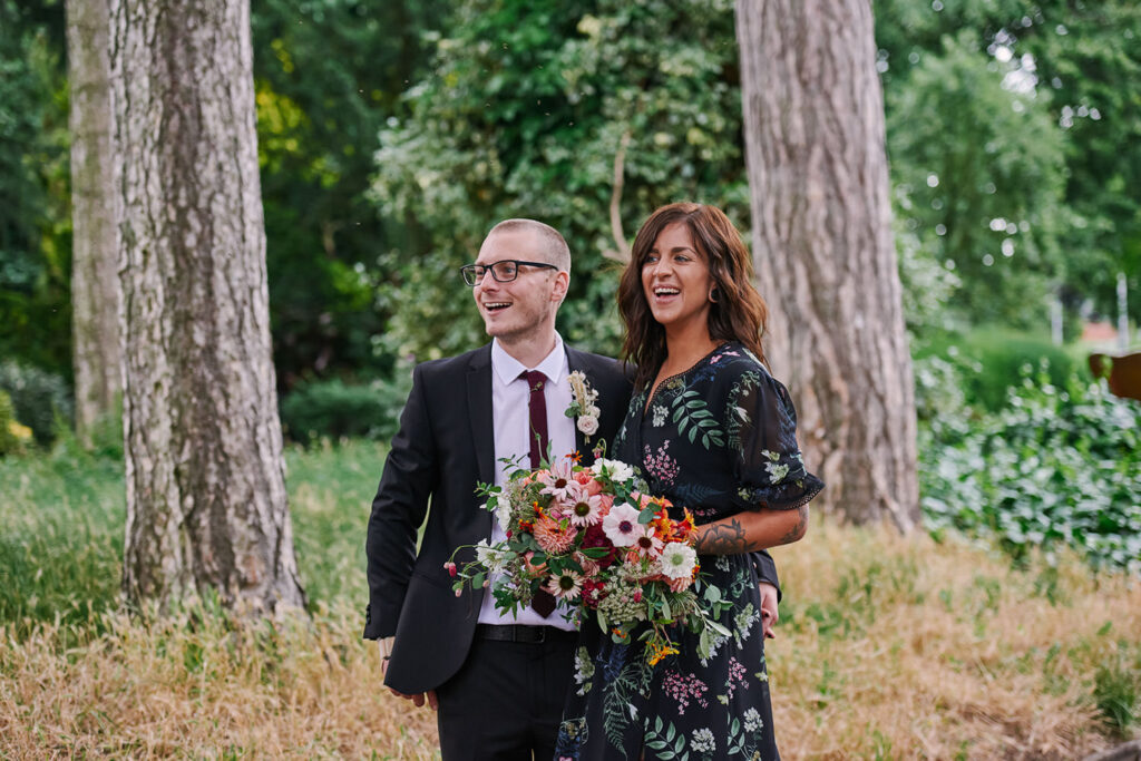 Bride and groom portrait in West Bridgford Park after a Nottingham registry office wedding
