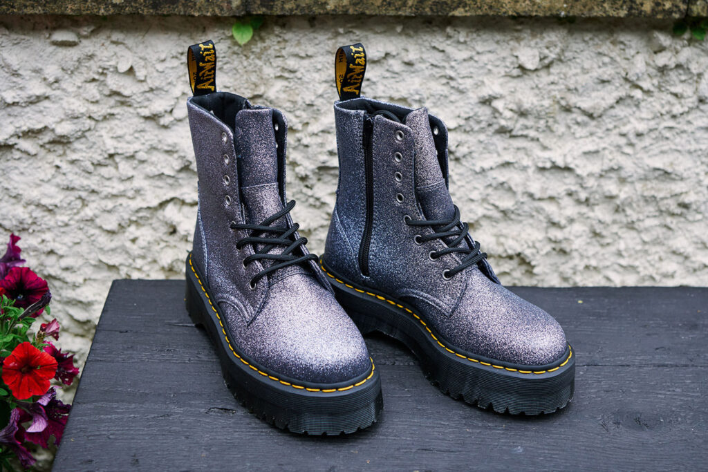 Glitter Dr Martens boots worn by an alternative bride