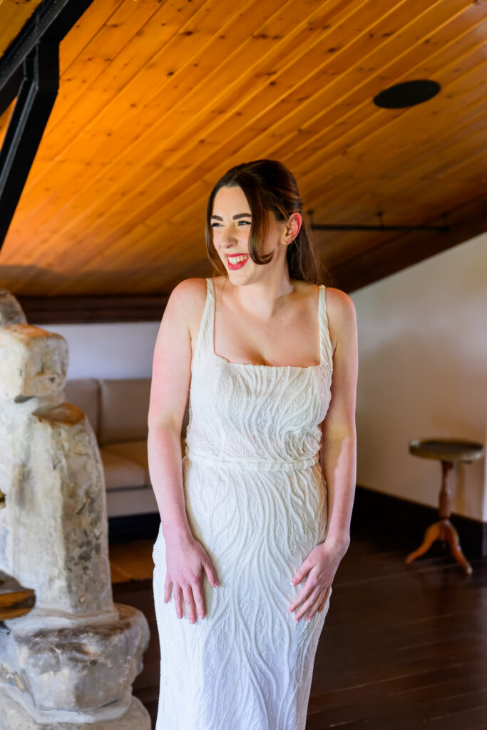 Bride portrait in wedding dress during bridal preparations at Willow Marsh Farm wedding