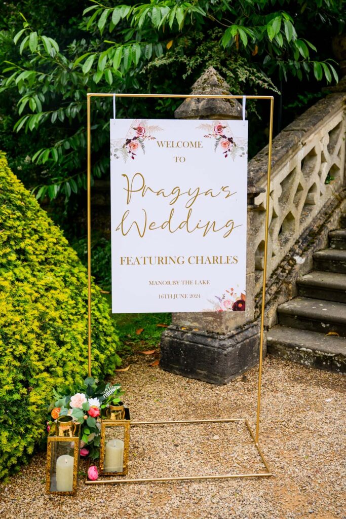 Wedding welcome sign for a Manor by the Lake celebration.