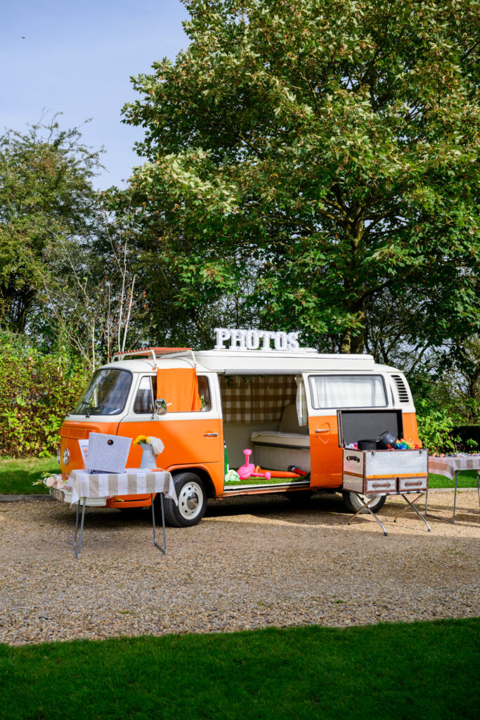 orange photography van set up outside of Carriage Hall wedding venue in Nottingham