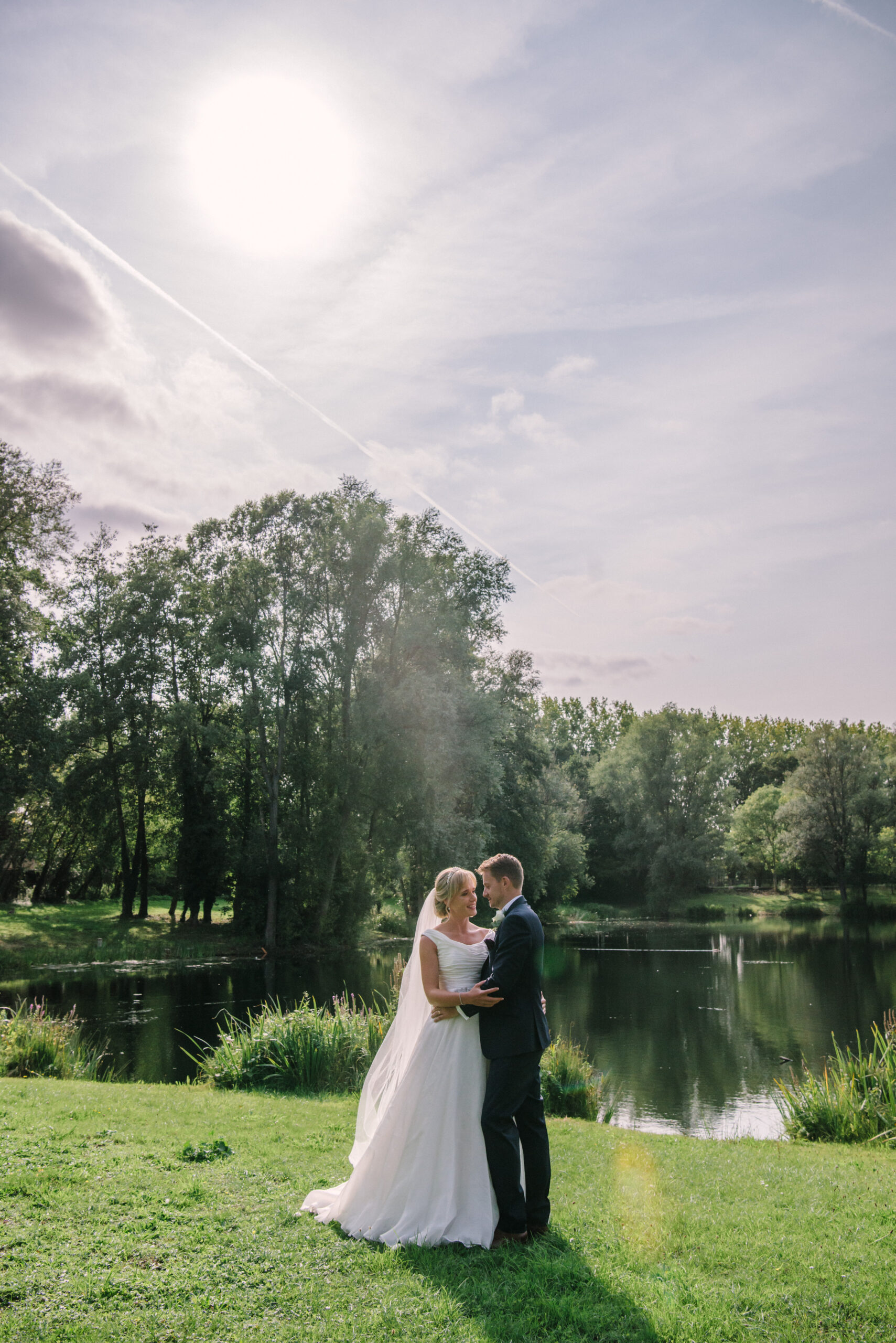 Happy bride and groom during their outdoor wedding photography session