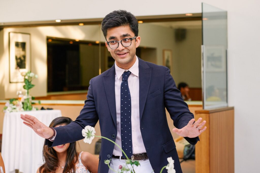Best man giving a wedding speech at The Bluebird in Chelsea