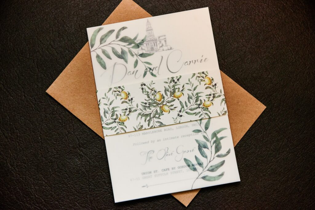 Italian themed wedding invitation sat on top of envelope  