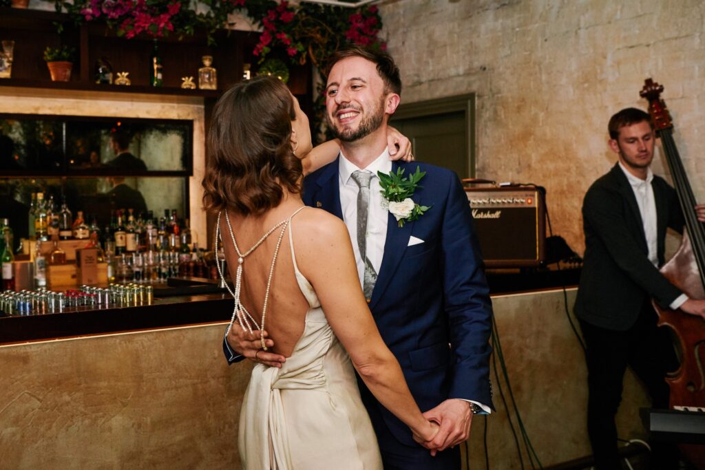 Bride & groom during their first dance in the Olive Grove room at Union Street Café 