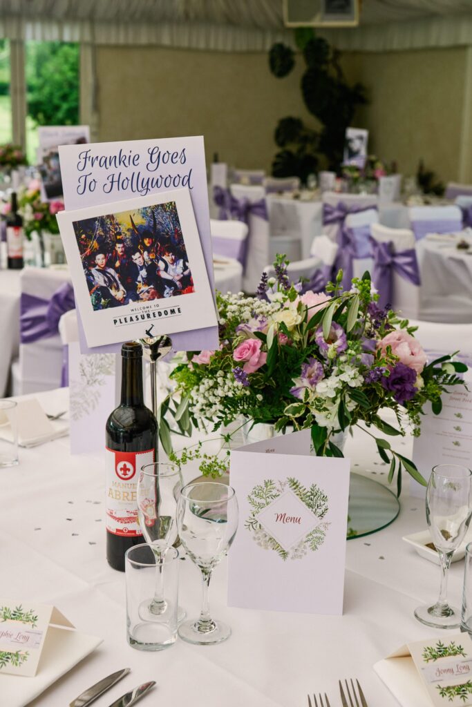 Frankie Goes to Hollywood themed wedding table with music vinyl at Ridge Farm