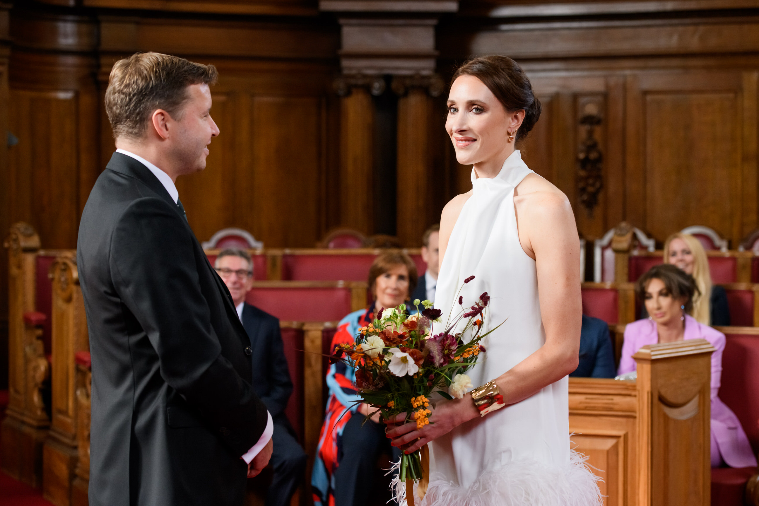 stylish bride and groom during Islington Town Hall wedding ceremony