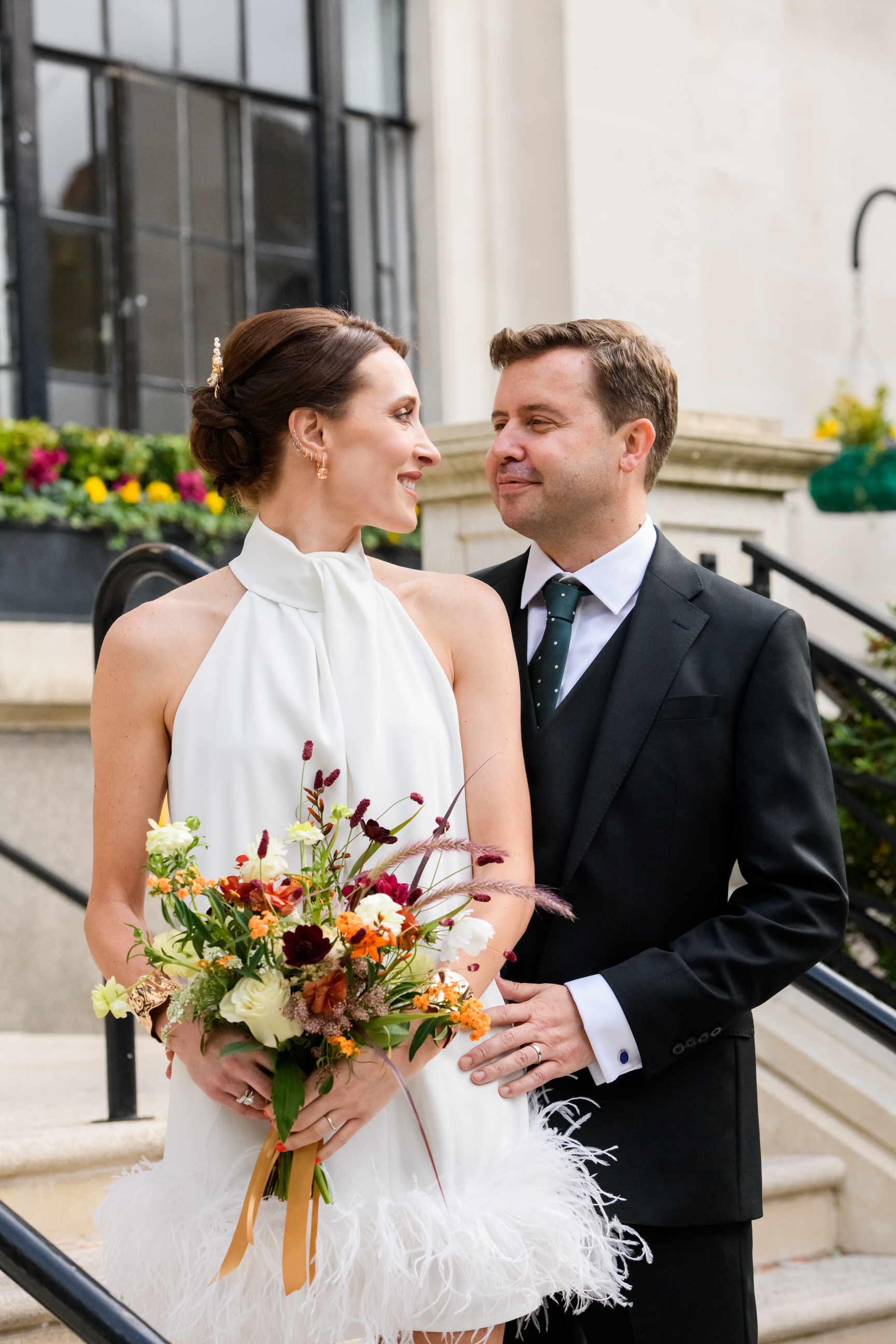 happy wedding couple smiling during Islington Town Hall wedding photography