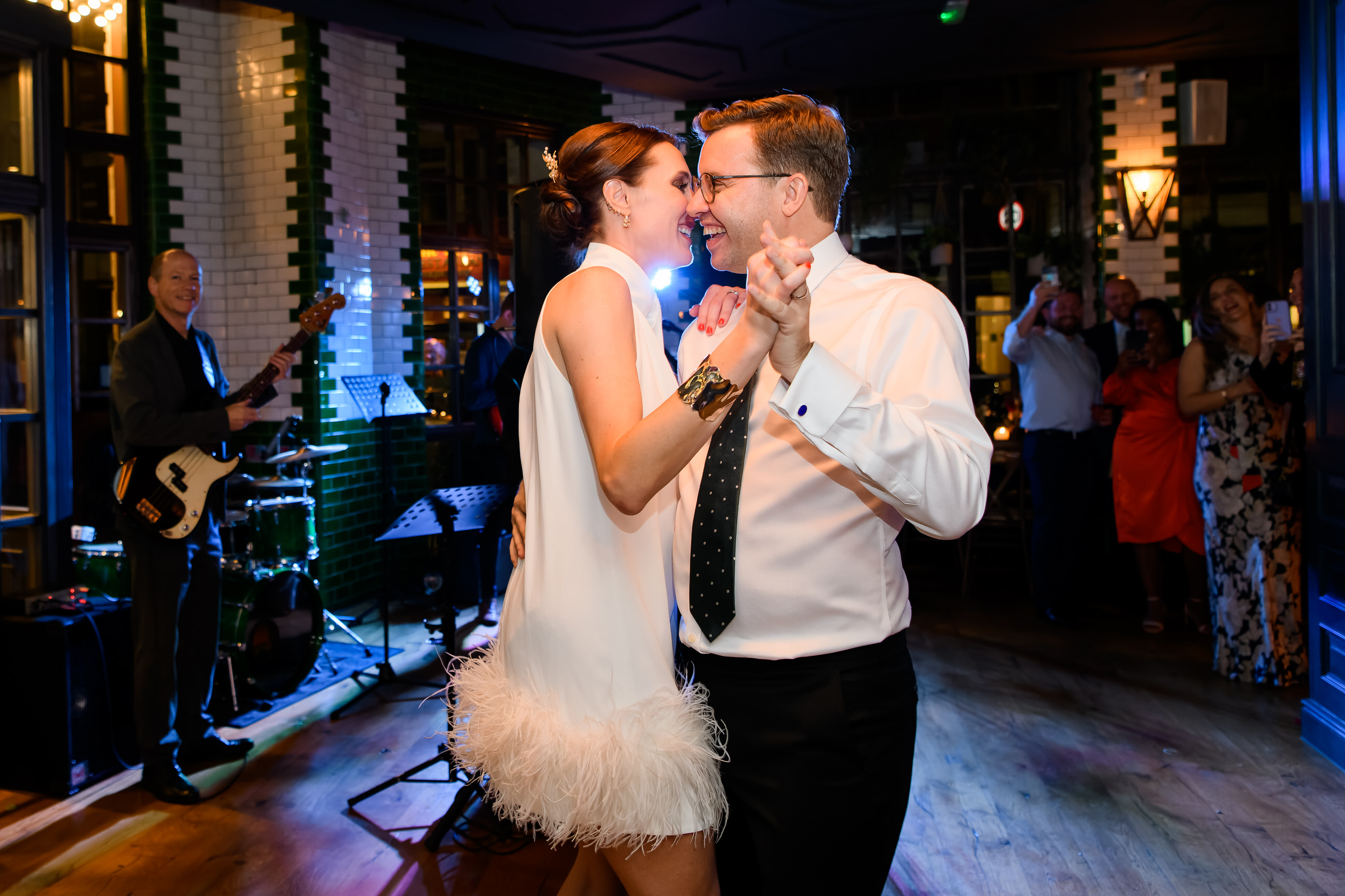 Happy bride and groom during their first dance at the Singer Tavern Pub