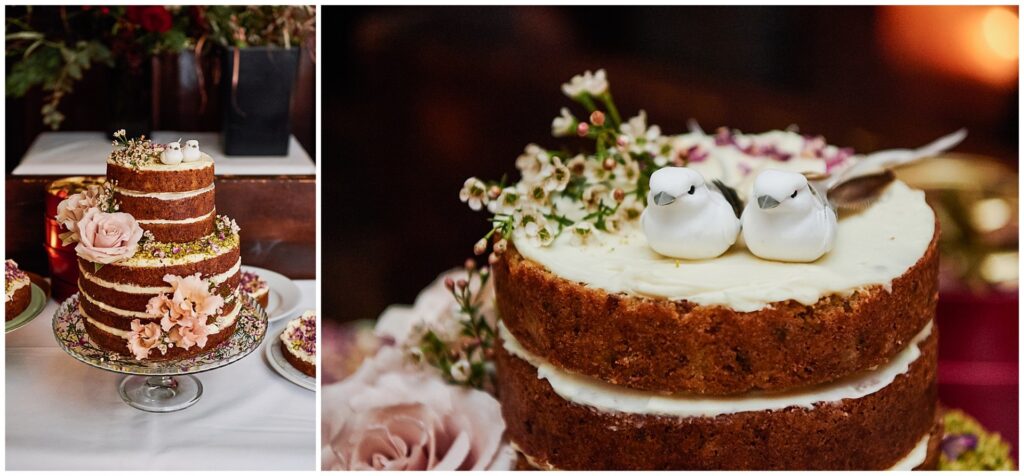 wedding cake with bird cake toppers at winter wedding at Ivy House