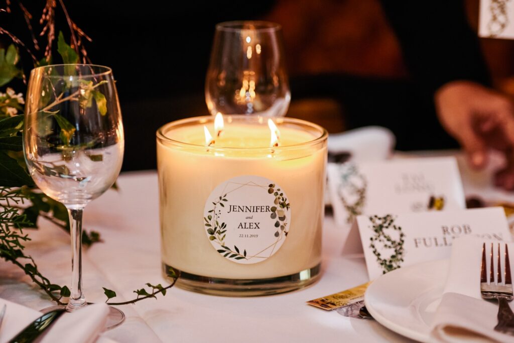 personalised wedding candles at winter wedding at Ivy House Pub
