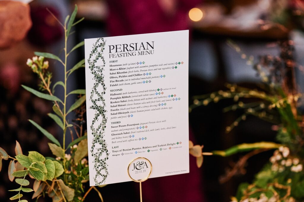 Persian wedding menu at Ivy House Pub in Nunhead London.