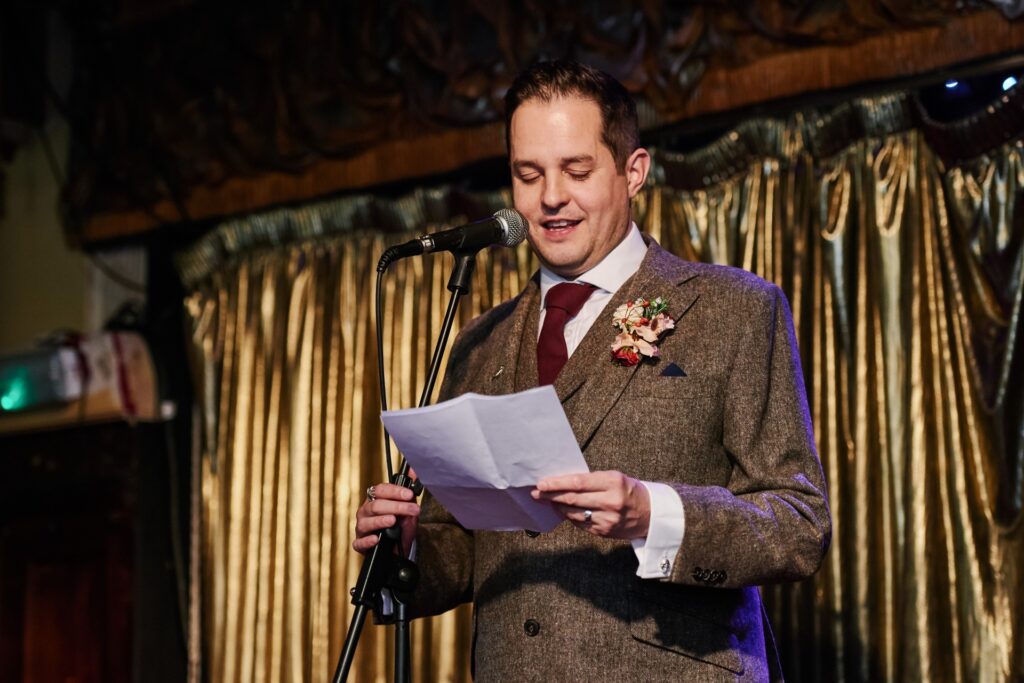 Groom giving a wedding speech at Ivy House pub in Nunhead